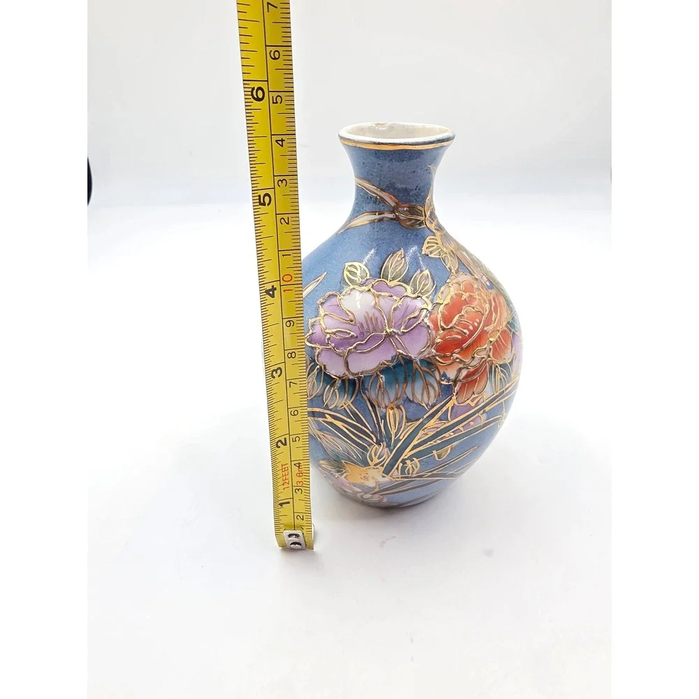 Tri Ever Hand Painted Porcelain Bud Vase Blue Floral Gold Gilt Small 5 Inch N3